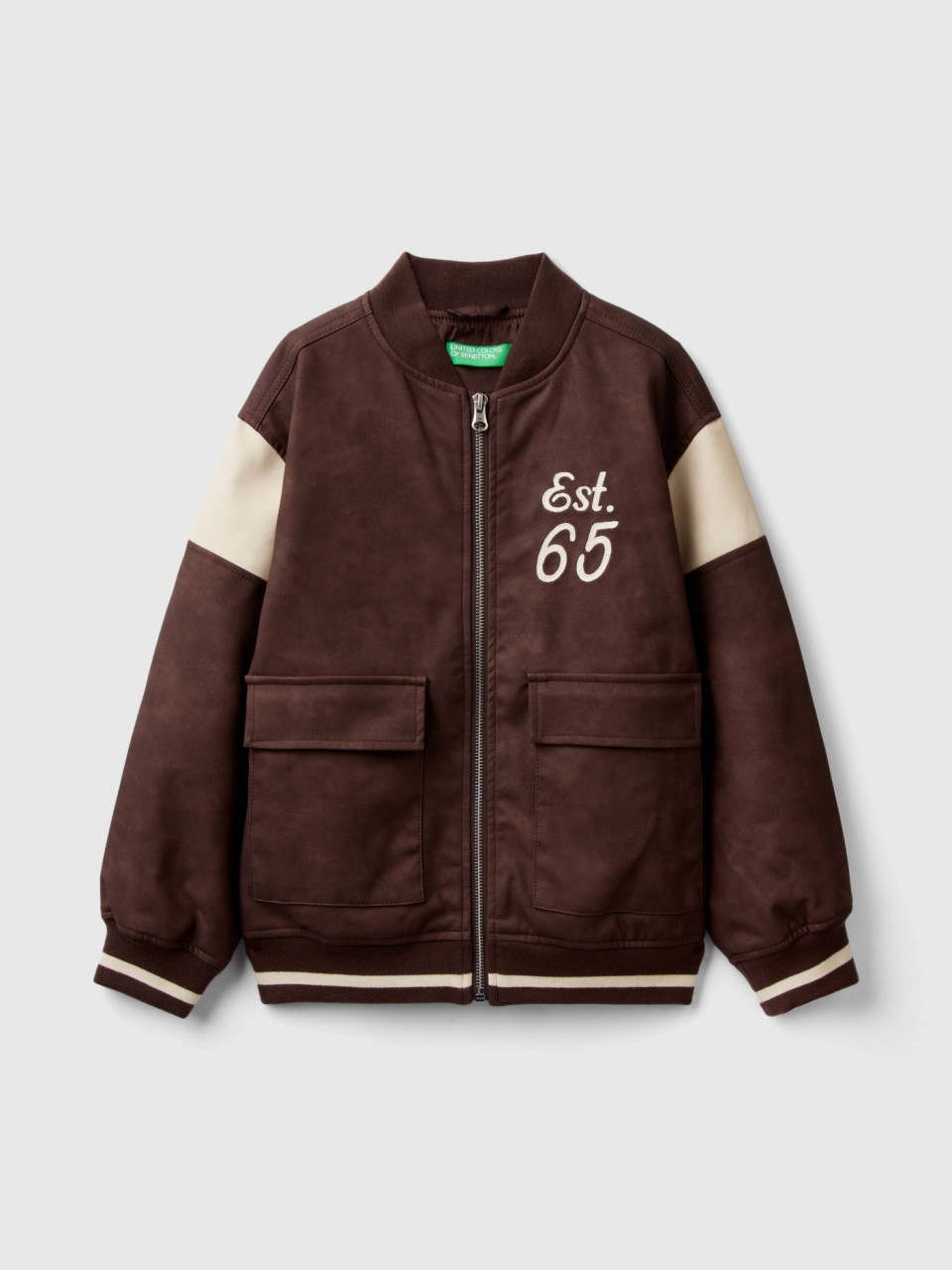 Benetton, Bomber Jacket In Imitation Leather With Embroidery, Brown, Kids