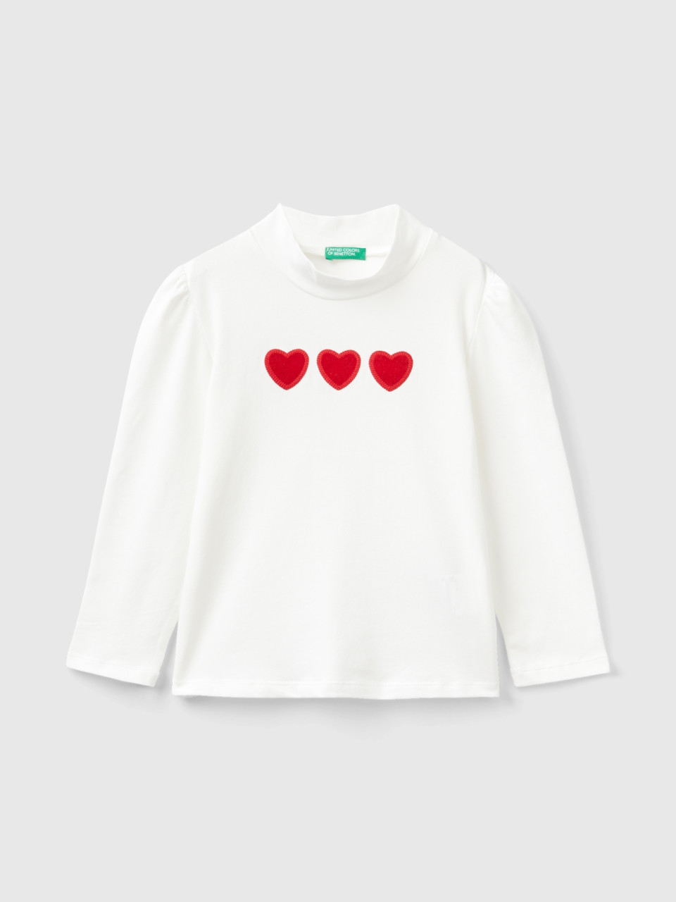 Benetton, T-shirt With Velvet Heart Patch, White, Kids