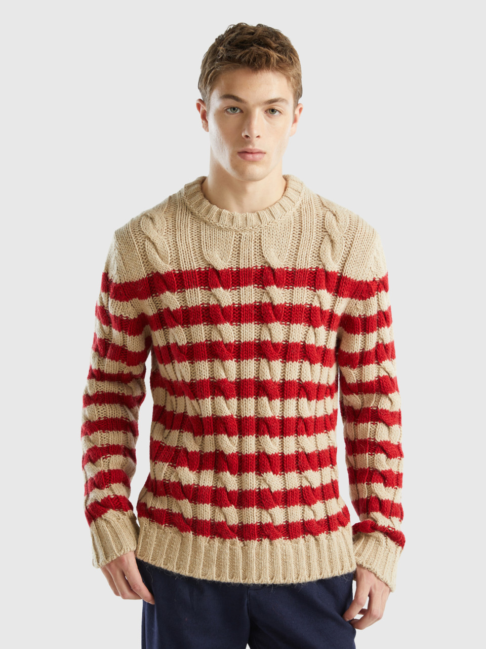 Benetton, Striped Sweater In Alpaca And Wool Blend, Red, Men