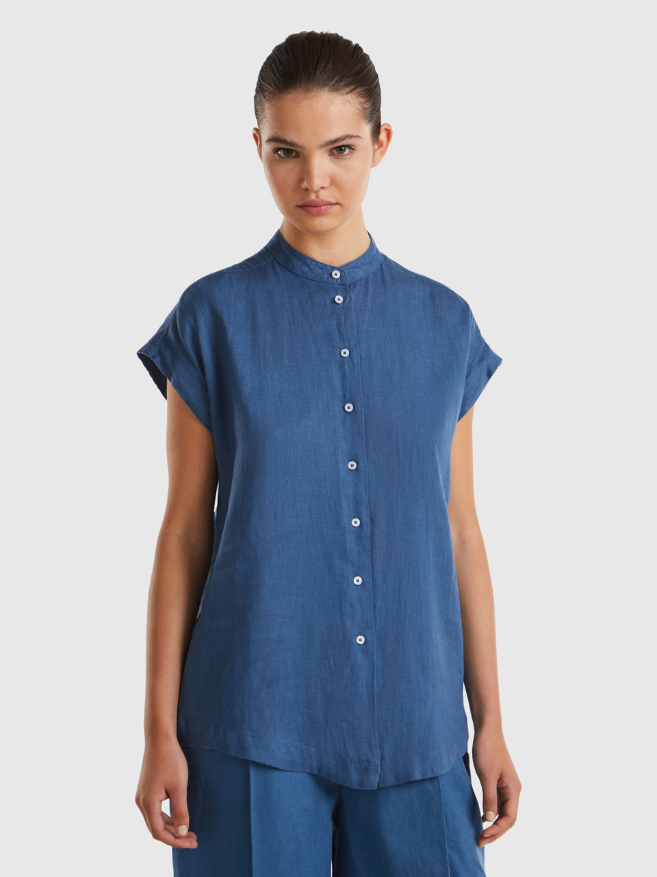 Benetton, Mandarin Shirt In Pure Linen, Air Force Blue, Women