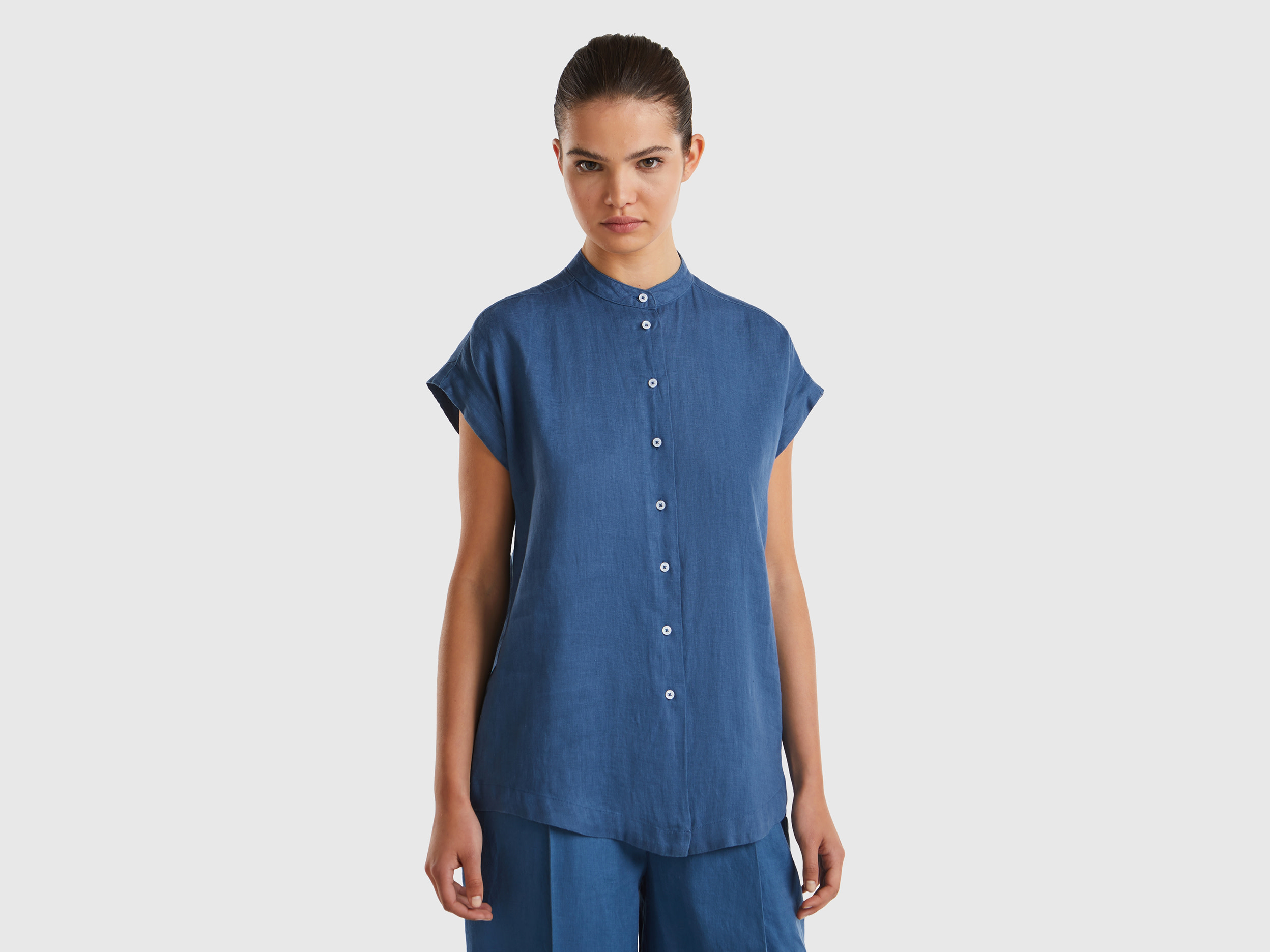 Benetton, Camicia Alla Coreana In Puro Lino, Avio, Donna