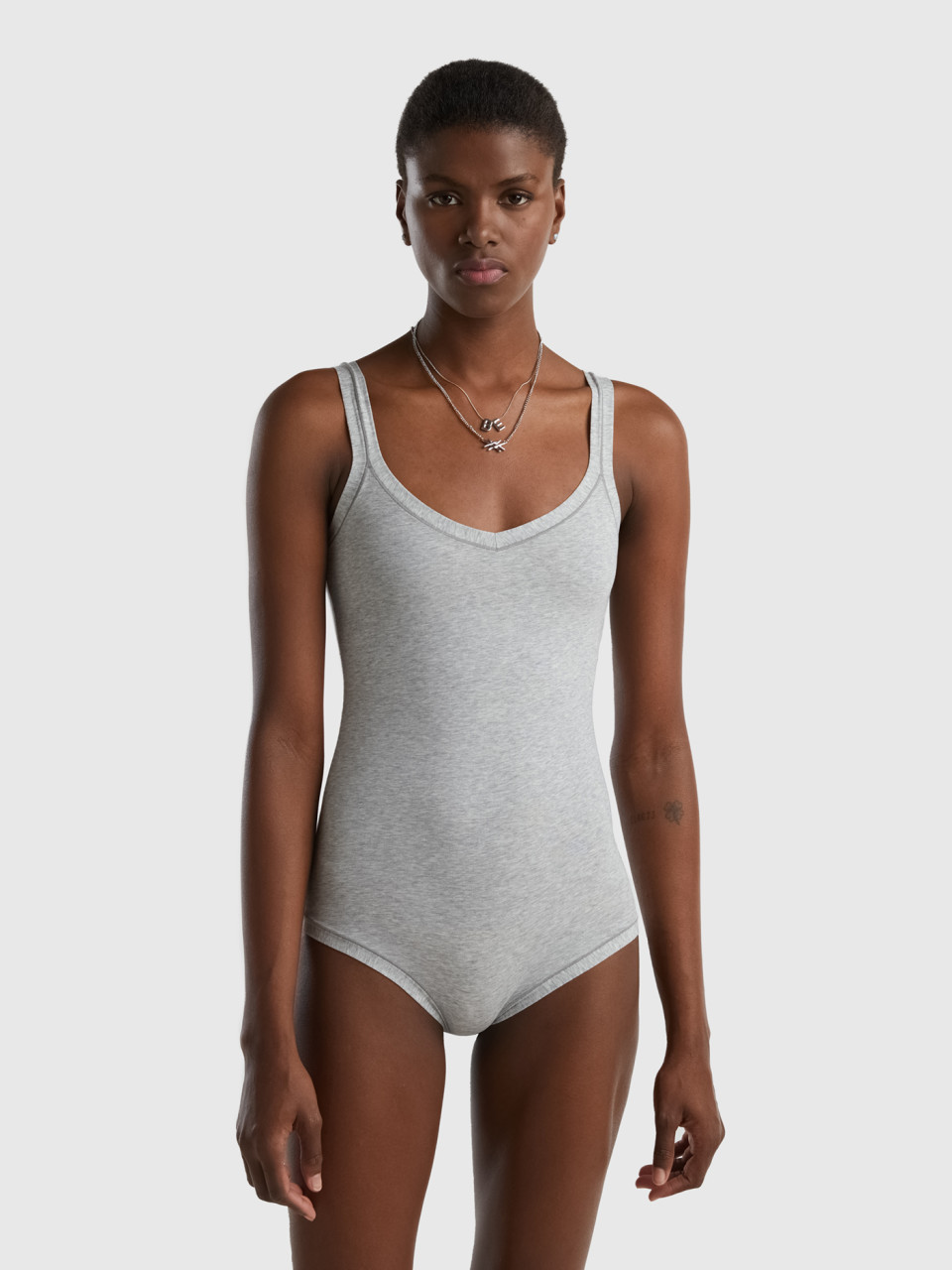Benetton, Super Stretch Organic Cotton Bodysuit, Light Gray, Women