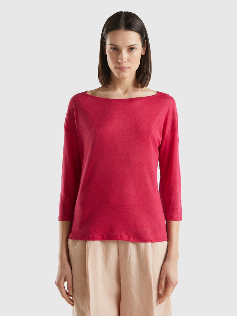 Benetton, 3/4 Sleeve T-shirt In Pure Linen, Cyclamen, Women