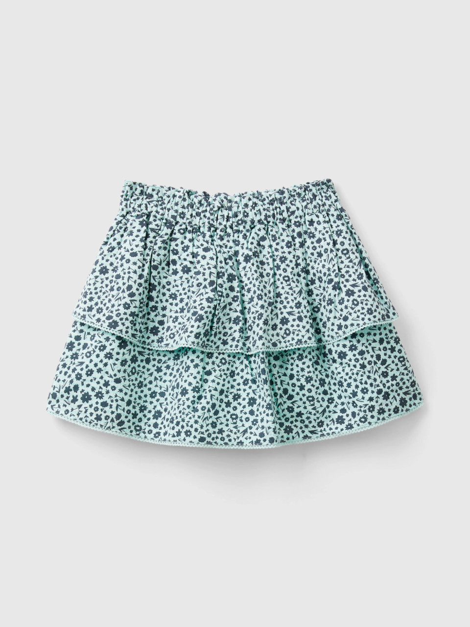 Benetton, Flounced Skirt With Floral Print, Aqua, Kids