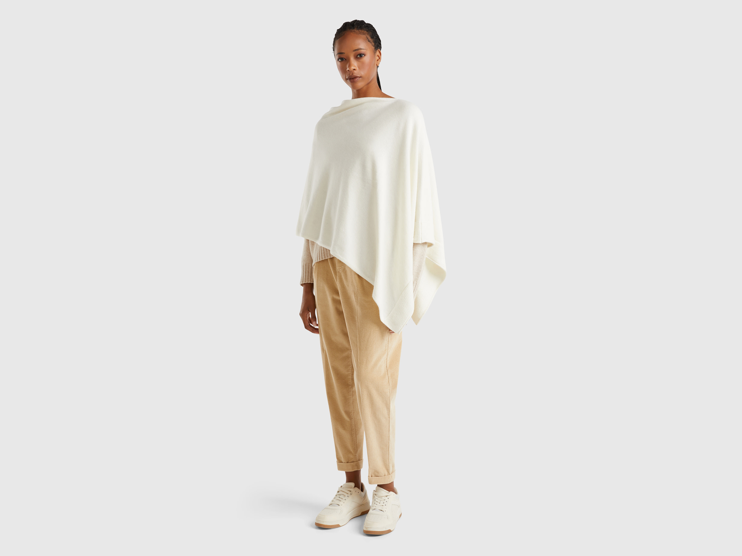 Benetton, Mantella In Misto Cashmere, Bianco Panna, Donna
