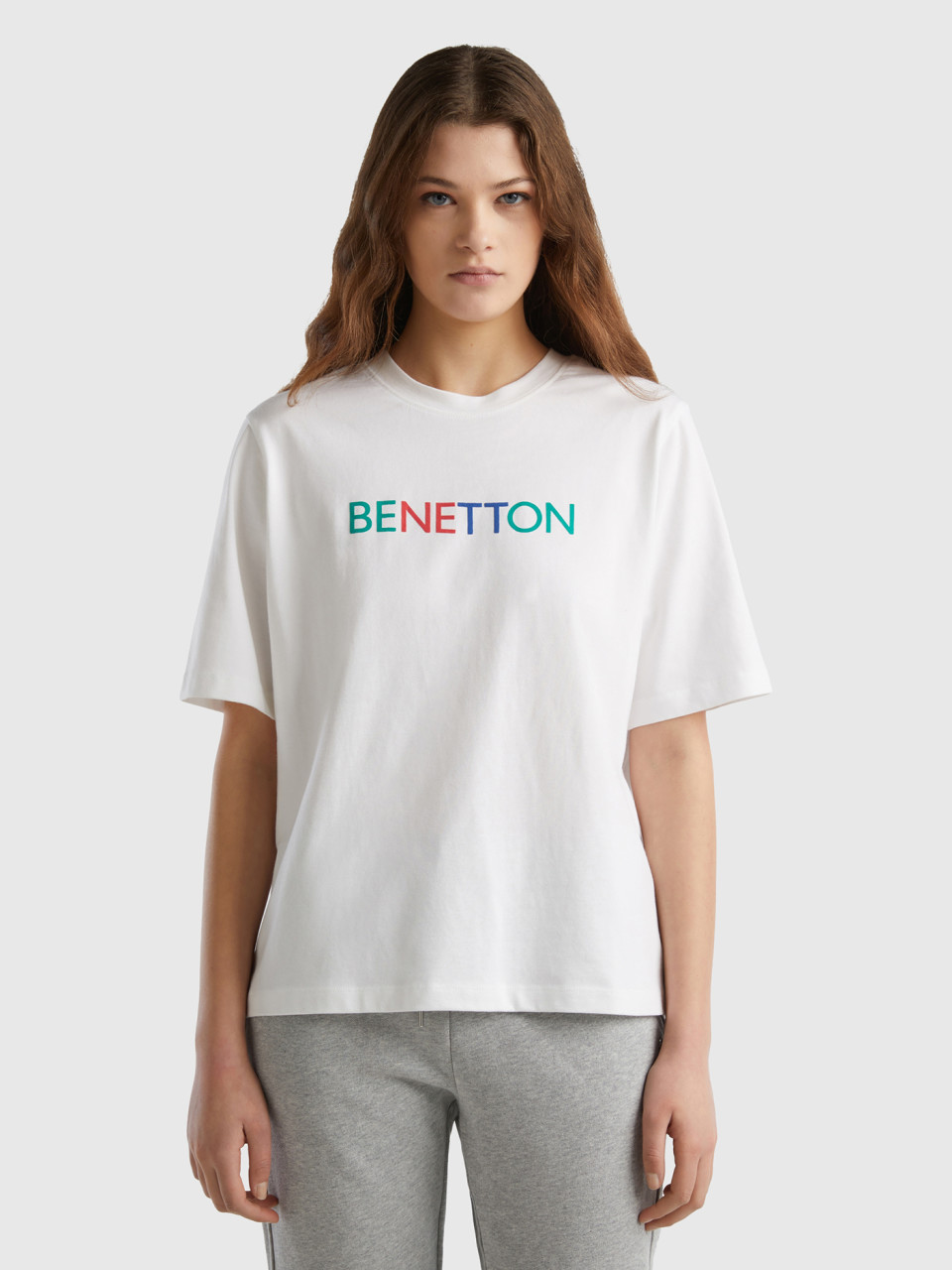 Benetton, T-shirt Con Stampa Logo, Bianco, Donna