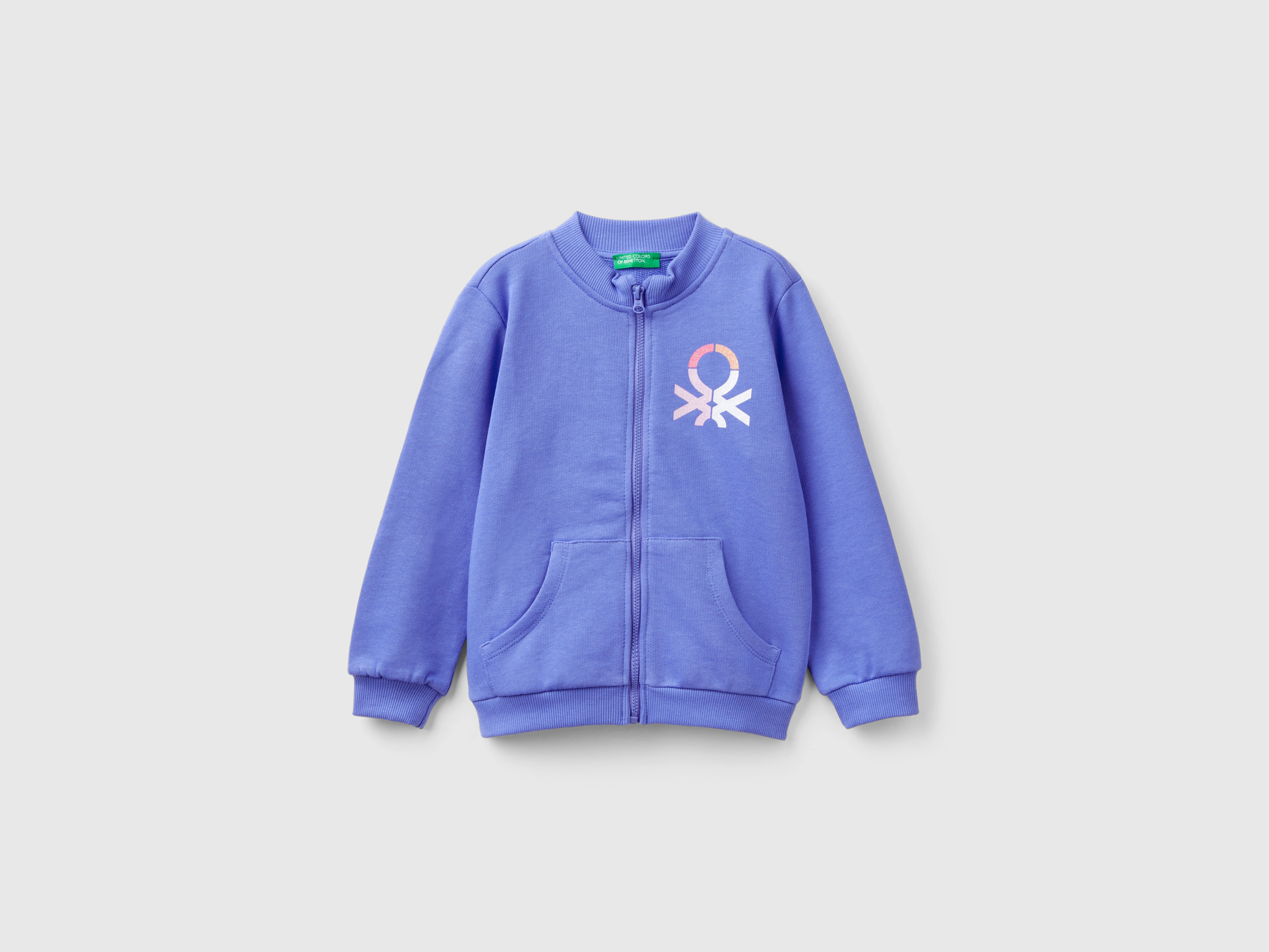 Benetton, Felpa Con Zip In Cotone Bio, Pervinca, Bambini