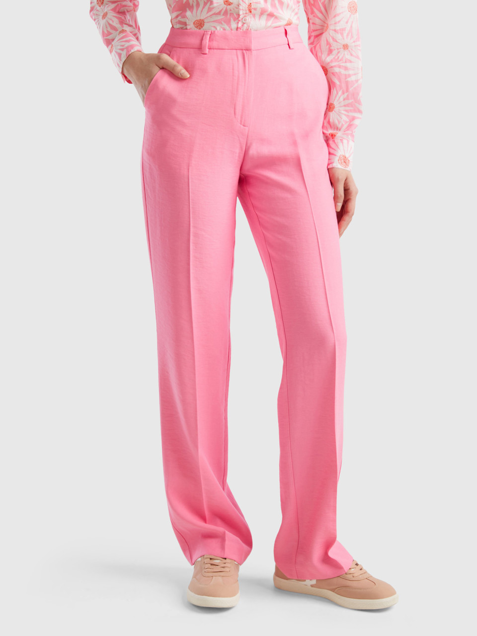 Benetton, Straight Leg Trousers With Crease, Pink, Women
