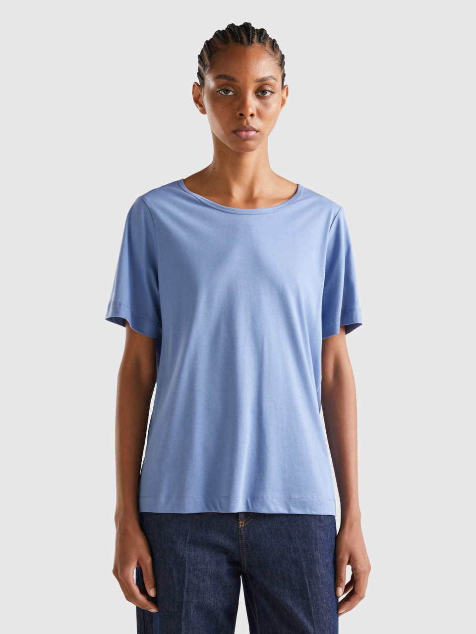 Benetton, Sky Blue Short Sleeve T-shirt, Light Blue, Women
