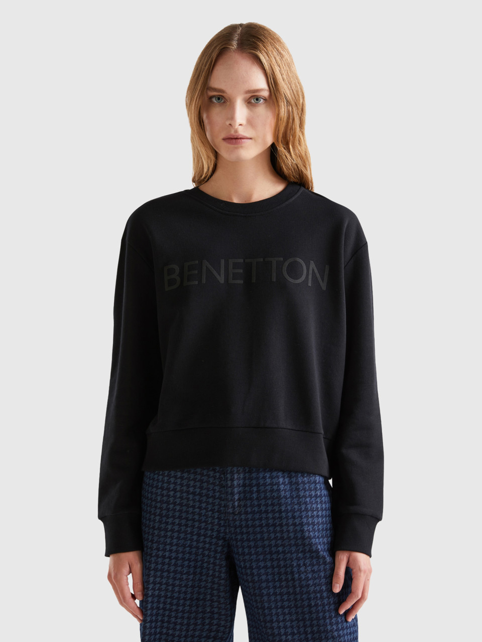Benetton, Pullover Sweatshirt With Logo Print, Black, Women
