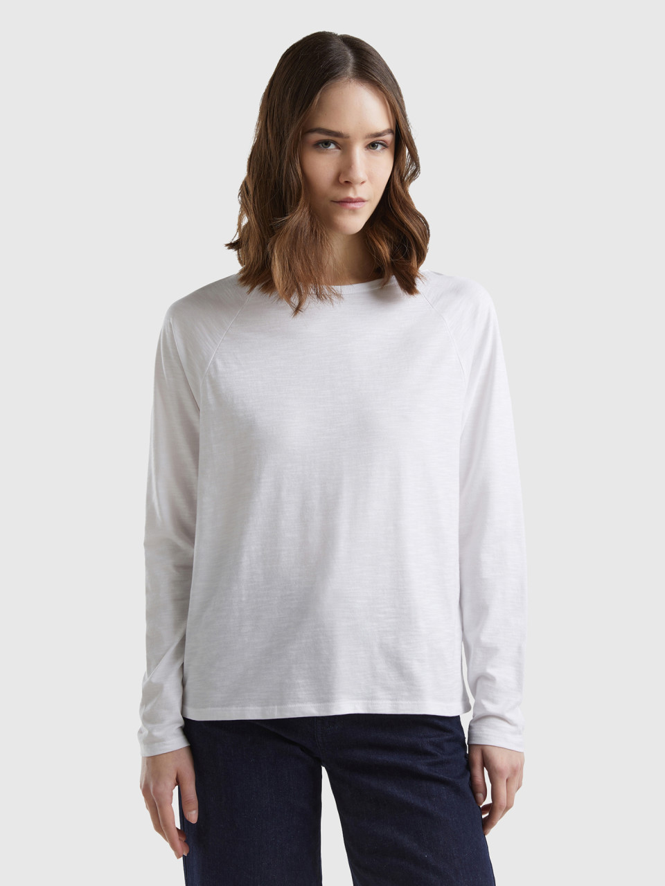 Benetton, Long Sleeve T-shirt In Light Cotton, White, Women