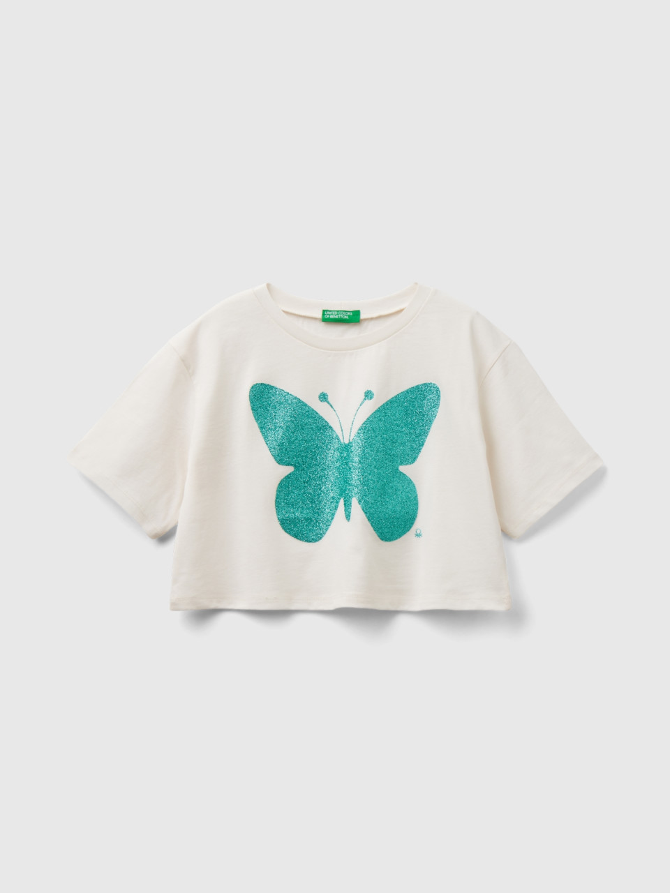 Benetton, T-shirt With Glittery Print, Creamy White, Kids