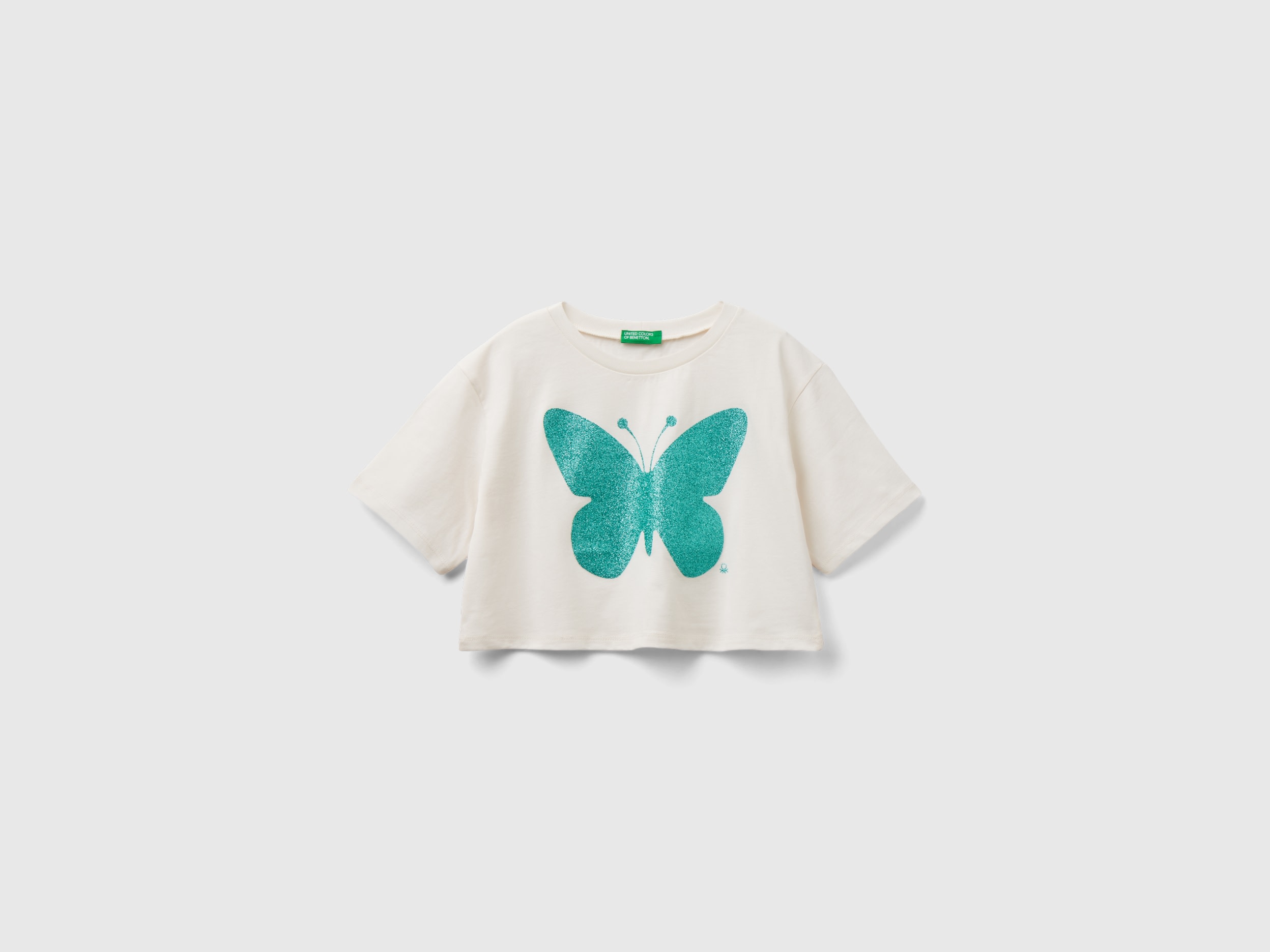 Image of Benetton, T-shirt With Glittery Print, size XL, Creamy White, Kids