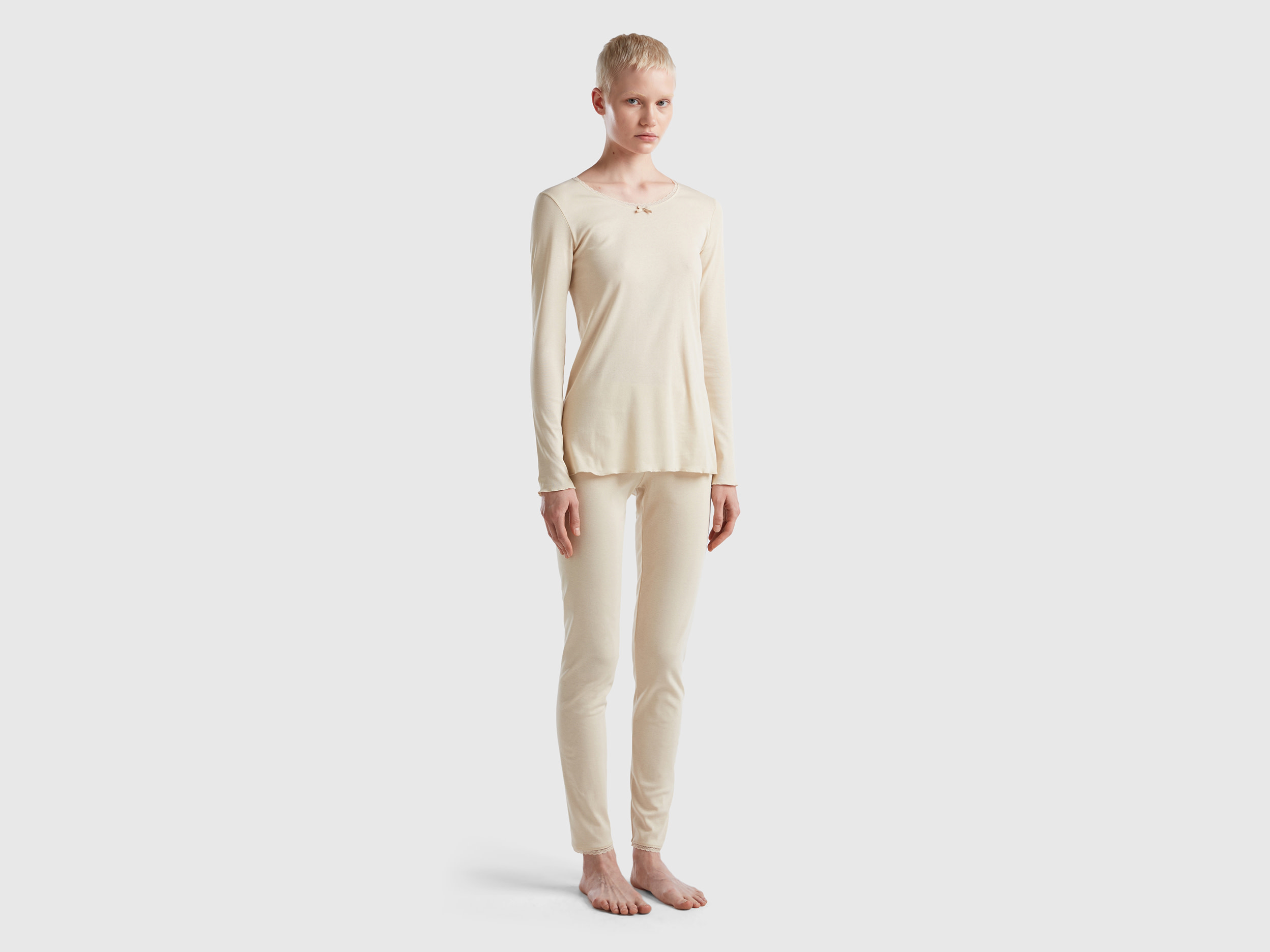 Benetton, Pyjamas In Long Fiber Cotton, size L, Beige, Women