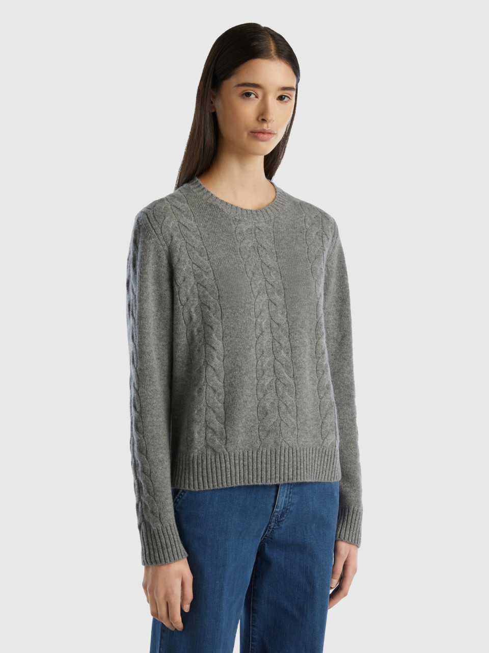 Benetton, Cable Knit Sweater In Pure Cashmere, Dark Gray, Women