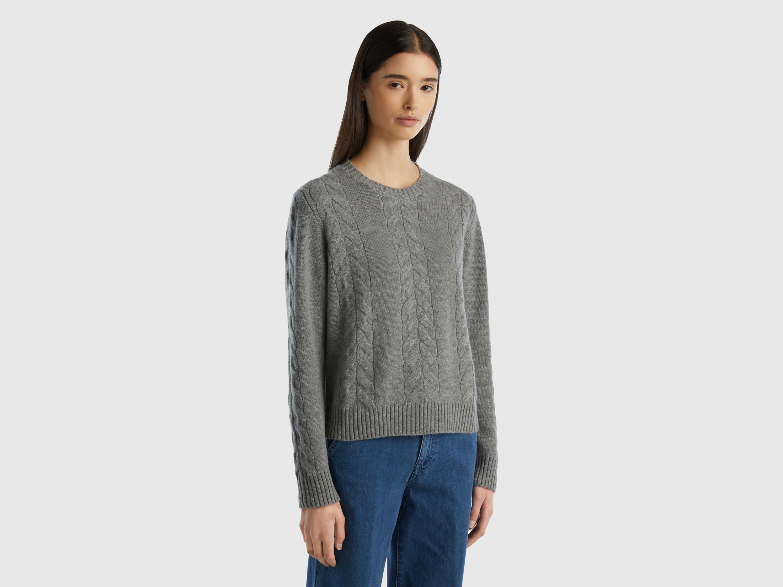 Benetton, Cable Knit Sweater In Pure Cashmere, size XS, Dark Gray, Women
