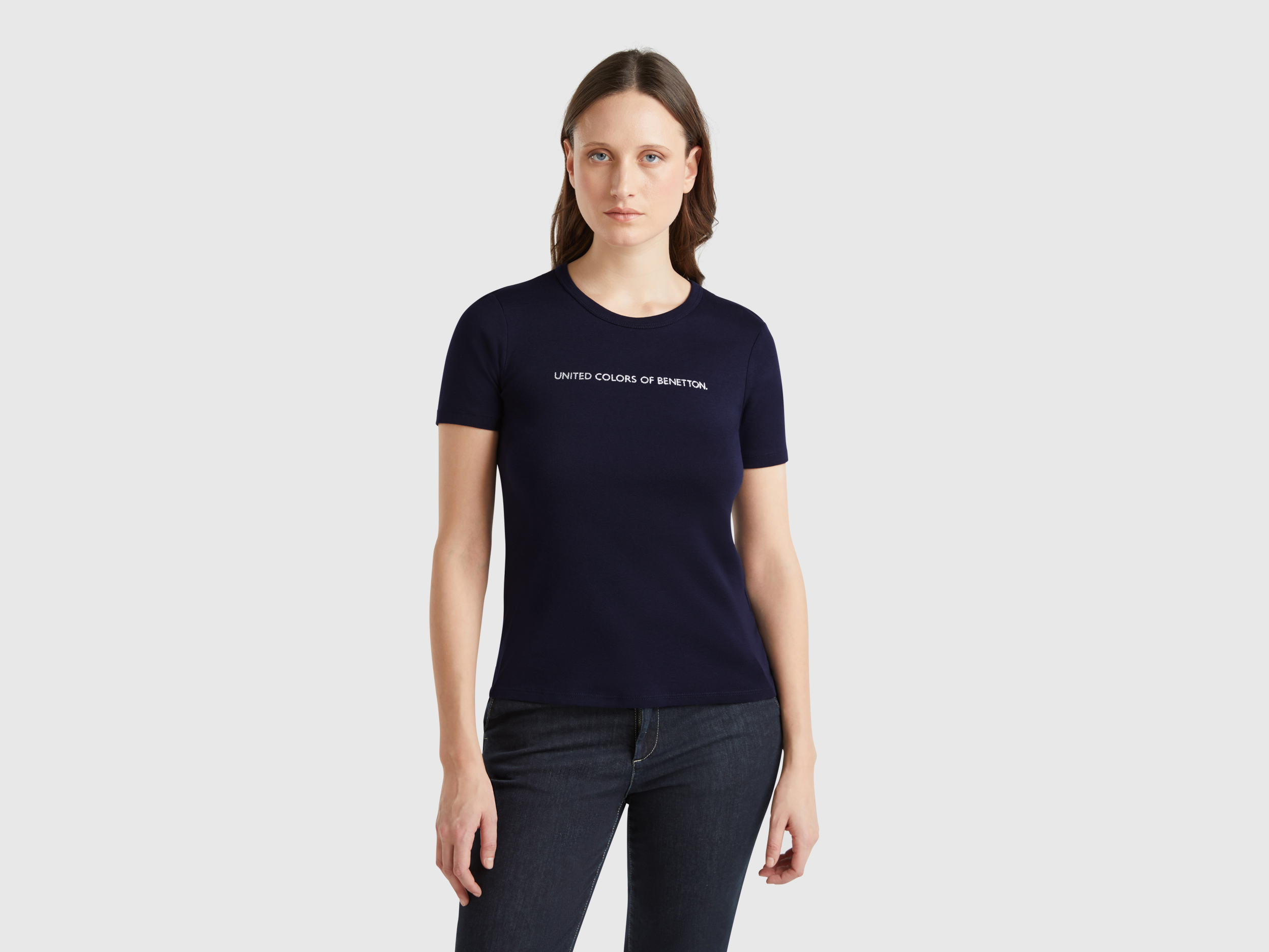  Benetton, Μπλούζα Από 100% Βαμβακερό Με Glitter Τύπωμα Λογότυπο, size XS, Σκουρο Μπλε, Γυναικεία 2025