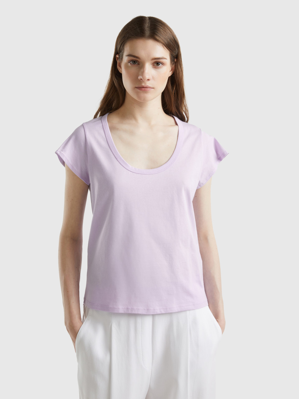 Benetton, T-shirt With Wide Neck, Lilac, Women