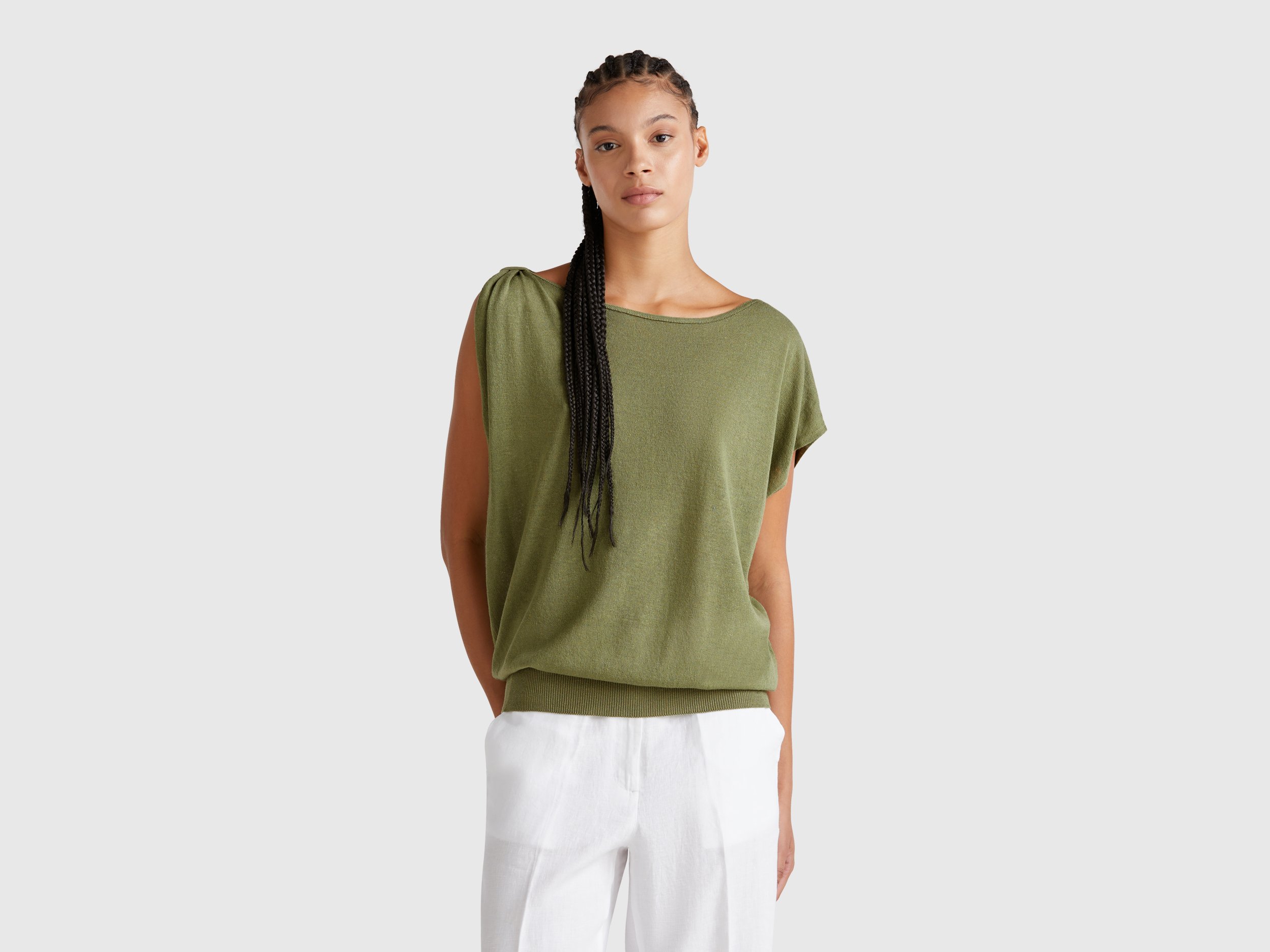  Benetton, Μπλούζα Ασύμμετρη Από Ανάμεικτο Λινό, size XXS, , Γυναικεία 2025