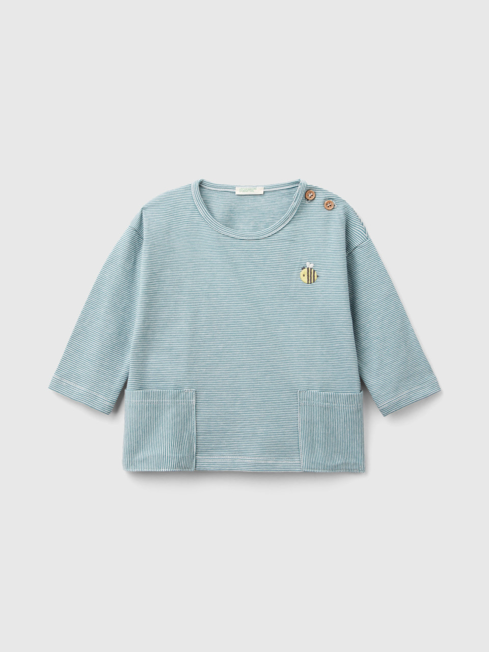 Benetton, Camiseta De 100 % Algodón Con Bordado, Verde, Niños
