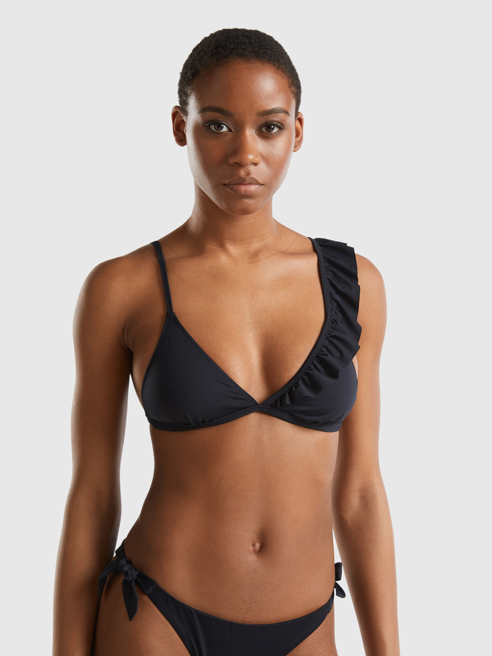 Benetton, Triangle Bikini Top With Frill In Econyl®, Black, Women