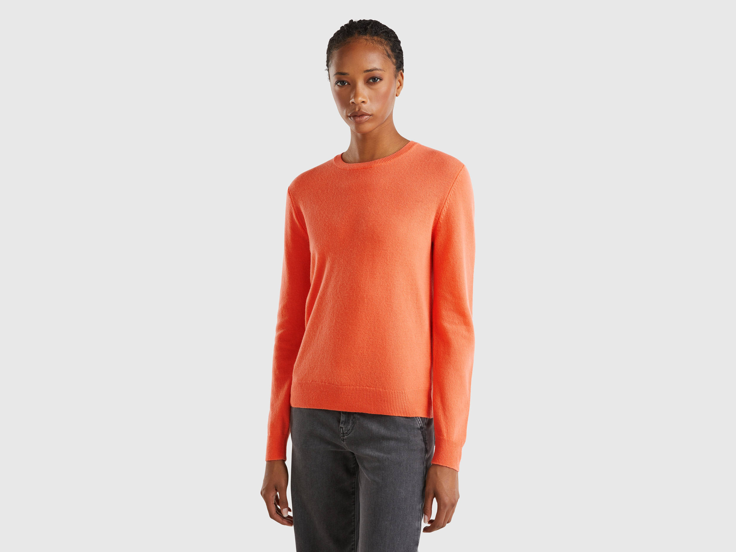 Benetton, Maglia Girocollo Corallo In Pura Lana Merino, , Donna
