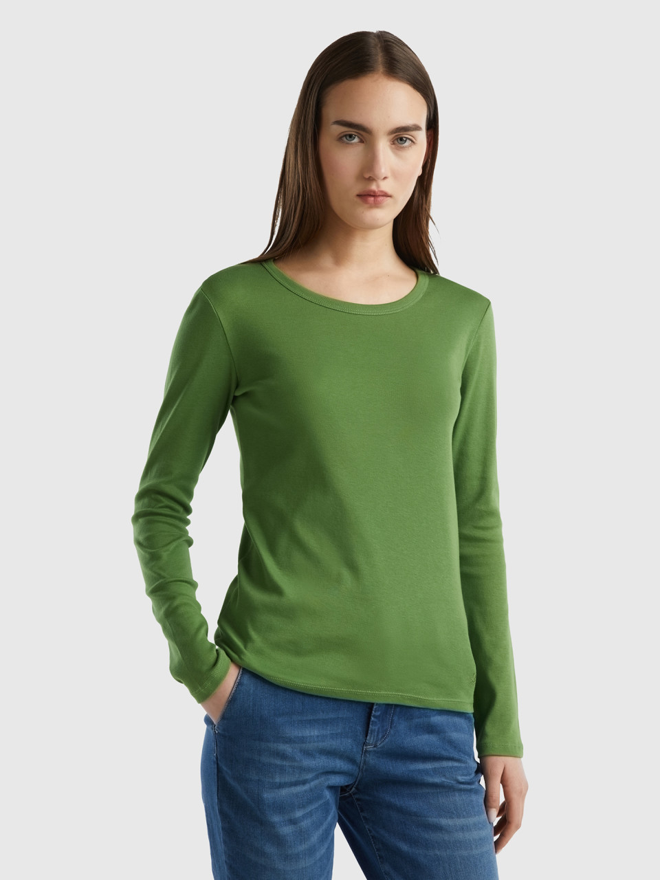 Benetton, T-shirt A Manica Lunga In Puro Cotone, Verde Militare, Donna