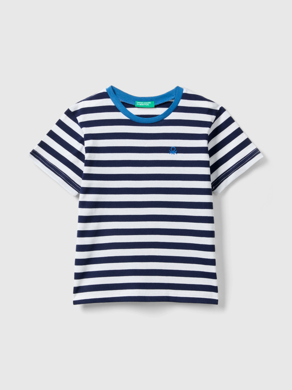 Benetton, Camiseta De Rayas De 100 % Algodón, Azul Oscuro, Niños