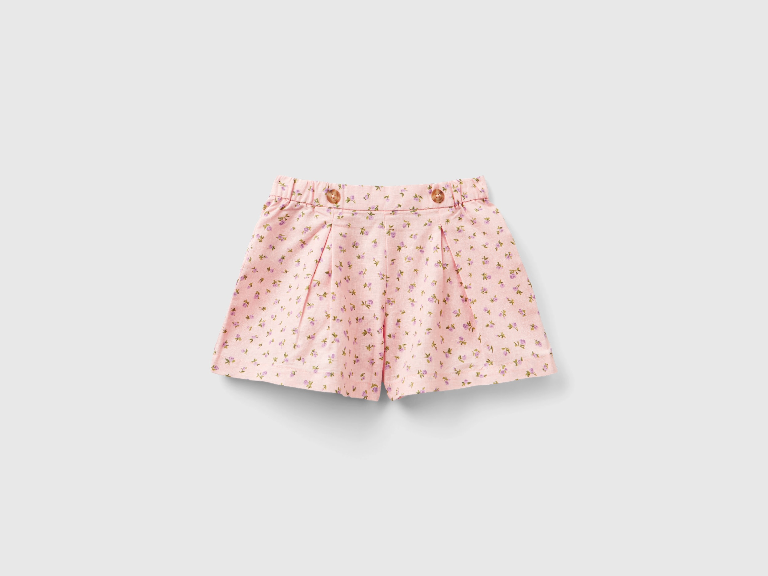 Benetton, Bermuda Fantasia In Misto Lino, Rosa Tenue, Bambini
