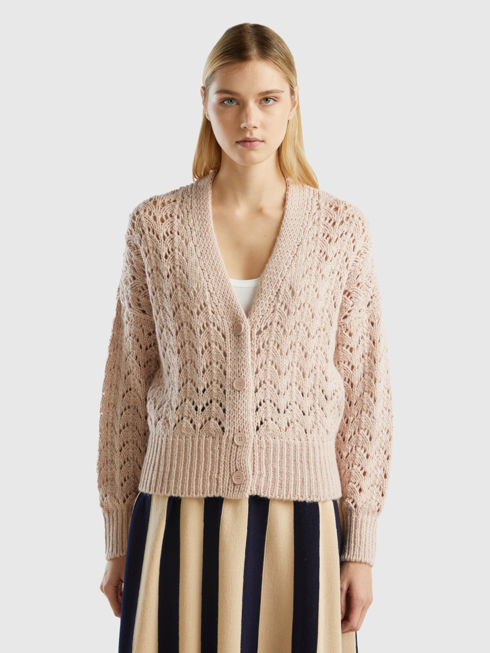 Benetton, Crochet Effect Cardigan, Soft Pink, Women