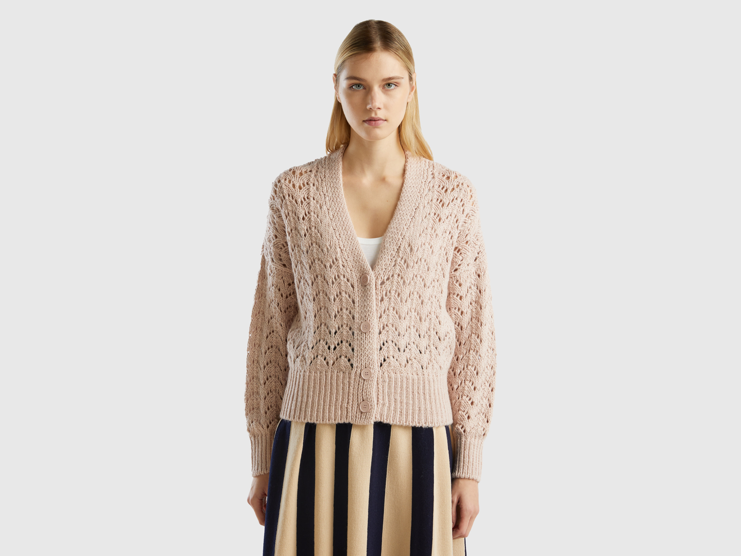 Benetton, Crochet Effect Cardigan, size M, Soft Pink, Women