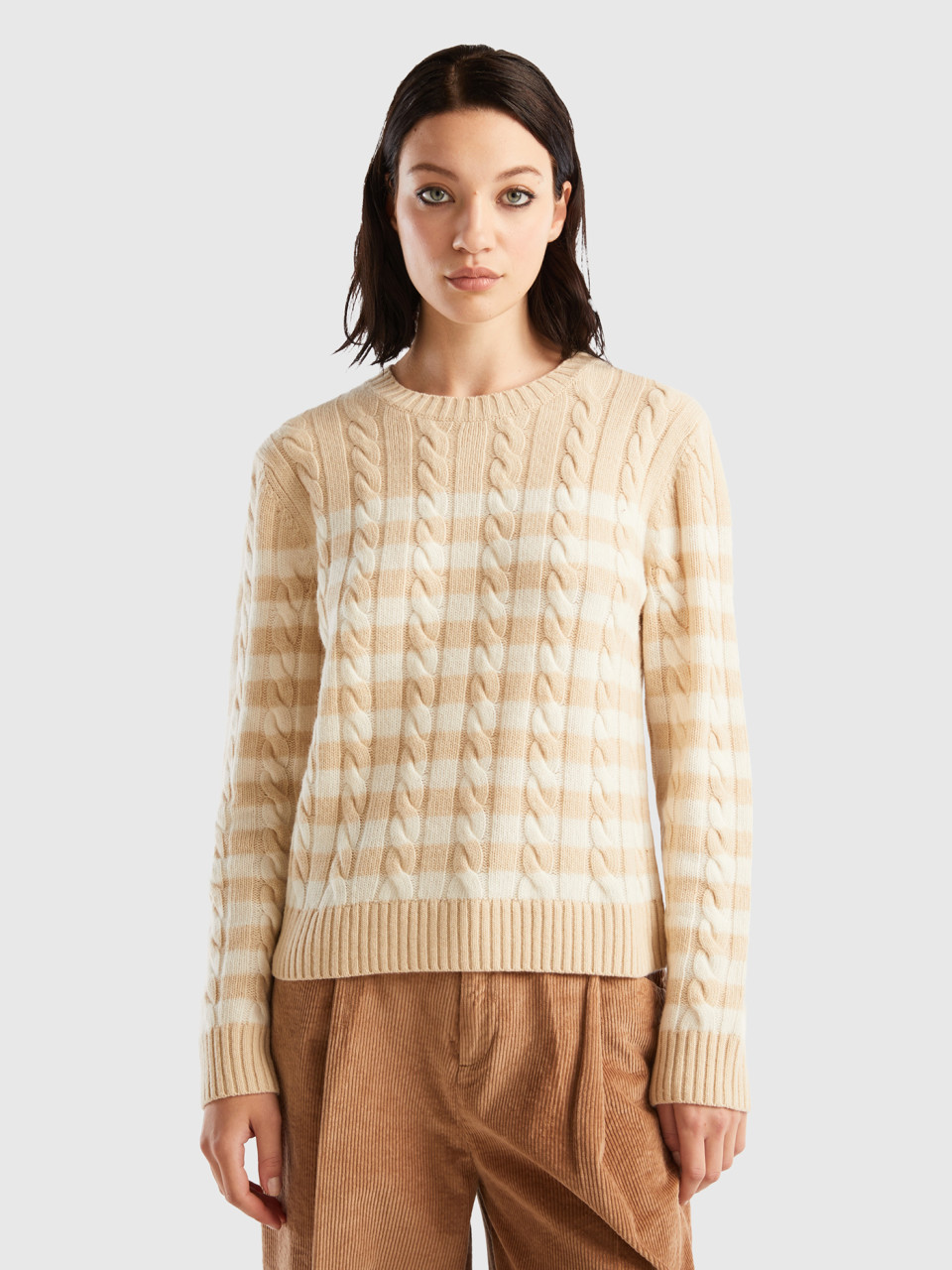 Benetton, Striped Sweater With Cables, Beige, Women