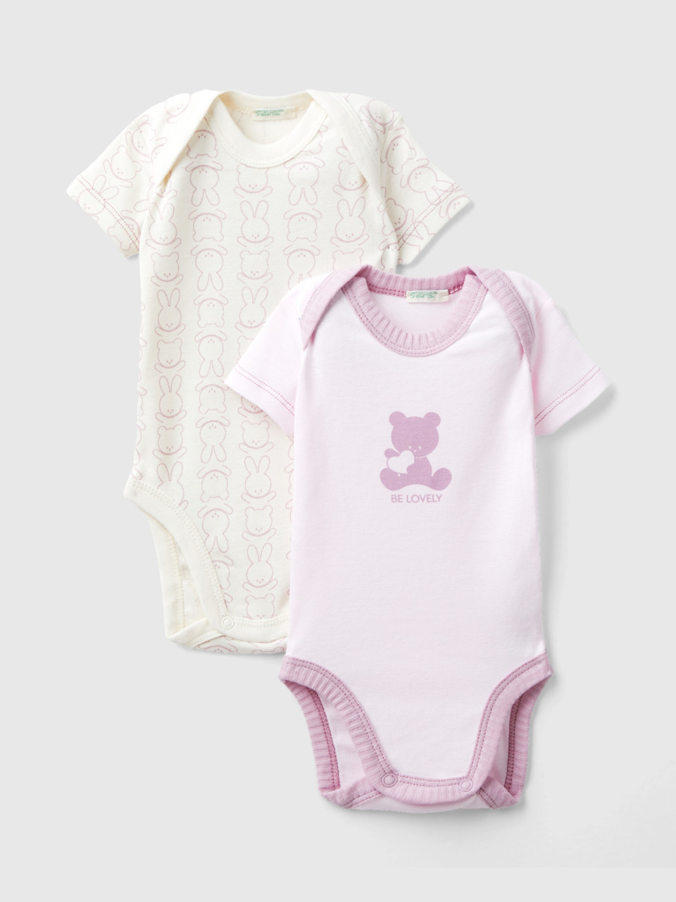 Benetton, Two Short Sleeve Bodysuits In Organic Cotton, Soft Pink, Kids
