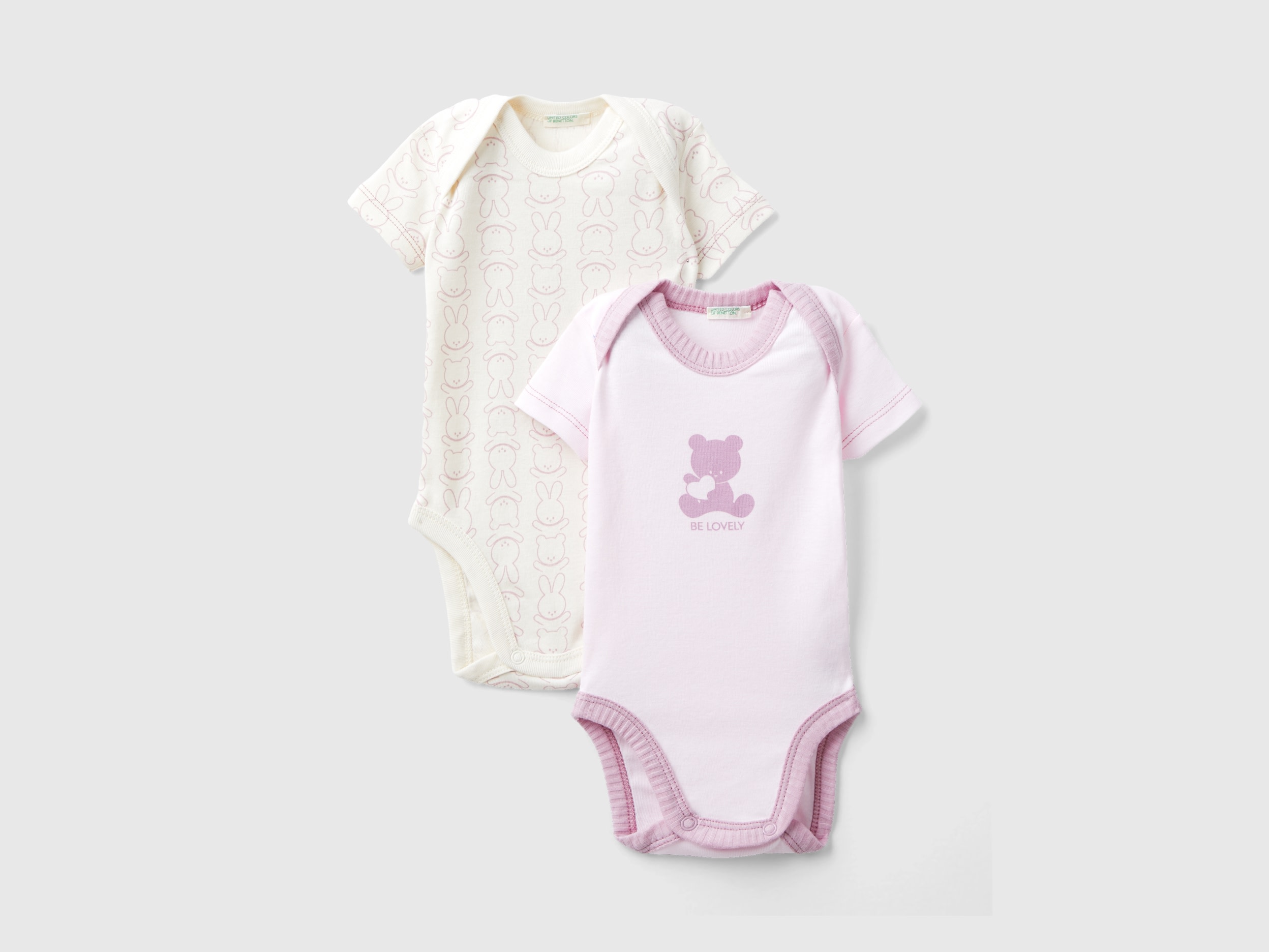 Benetton, Two Short Sleeve Bodysuits In Organic Cotton, size 6-9, Soft Pink, Kids