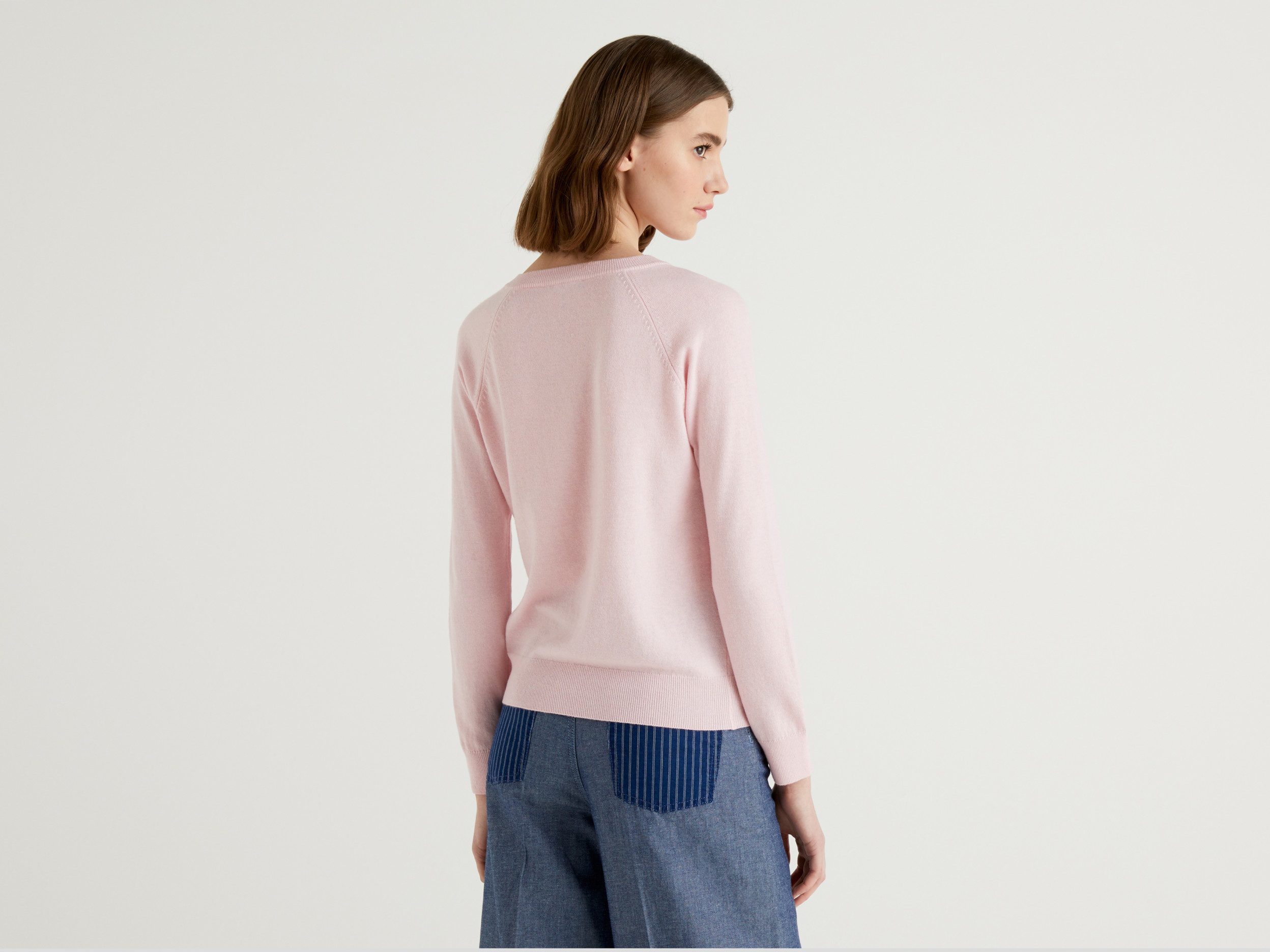Benetton, Pink Cardigan In Wool Blend, Taglia L, Pink, Women