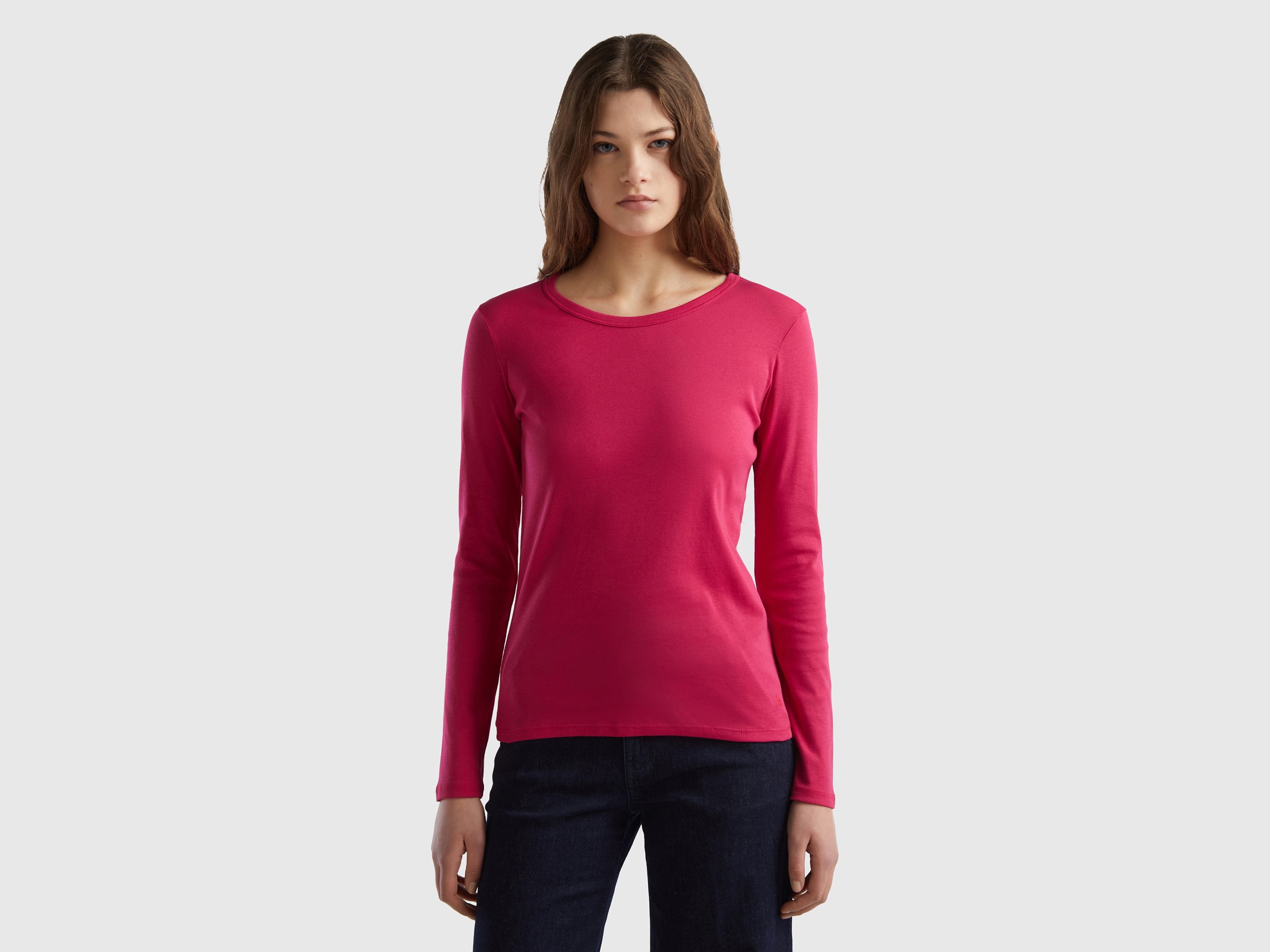 Benetton, Long Sleeve Pure Cotton T-shirt, size XS, Cyclamen, Women
