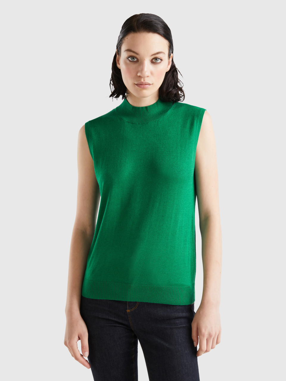 Benetton, Ärmelloser Pullover In Einer Viskosemischung, Grün, female