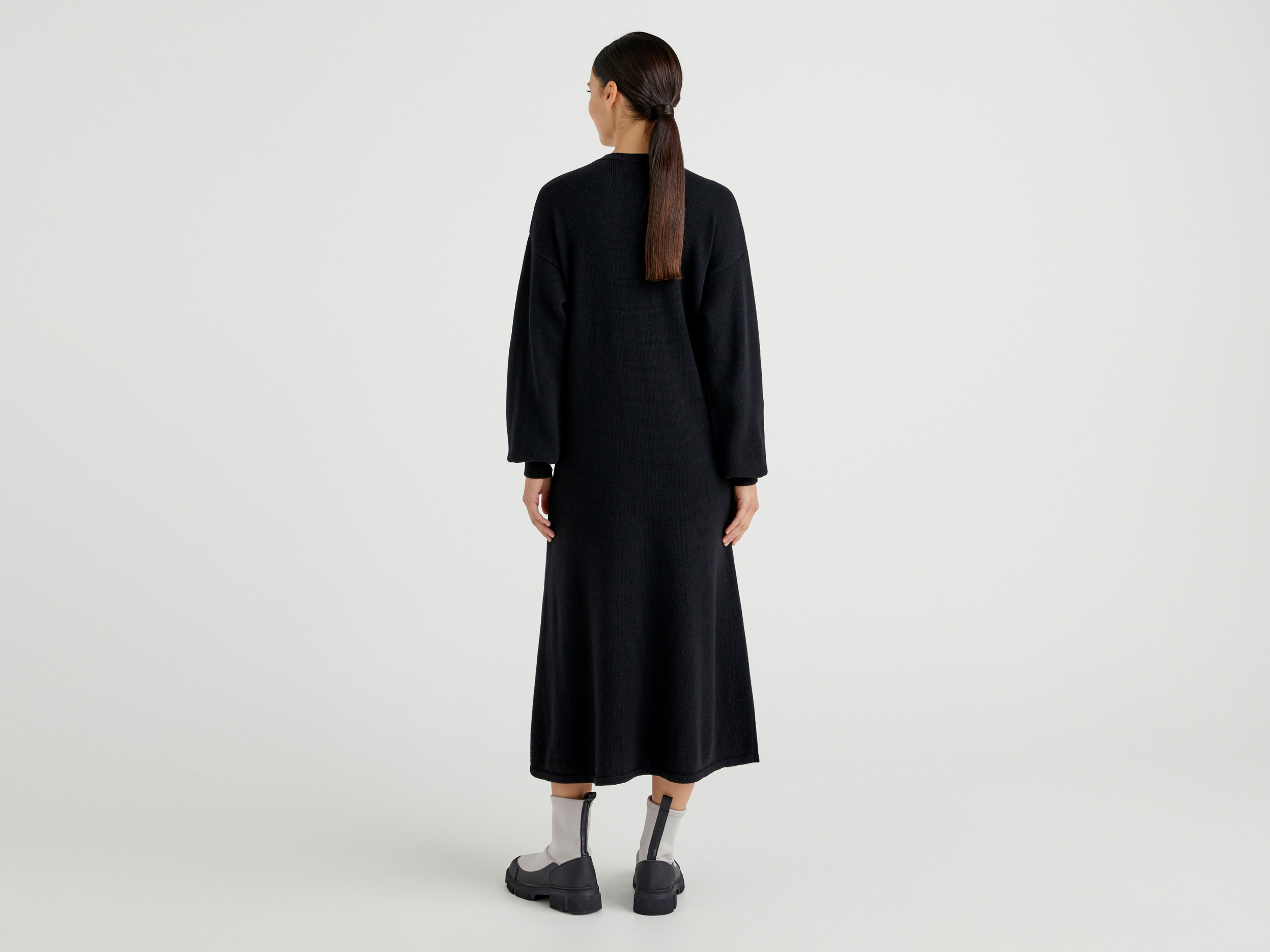 Benetton, Midi Knit Dress In Wool Blend, Taglia L, Black, Women