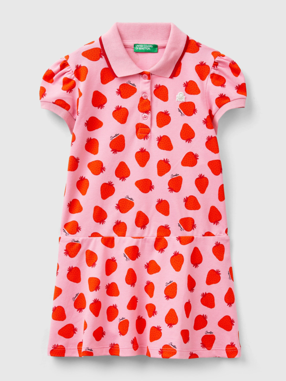 Benetton, Pink Polo-style Dress With Strawberry Pattern, Pink, Kids