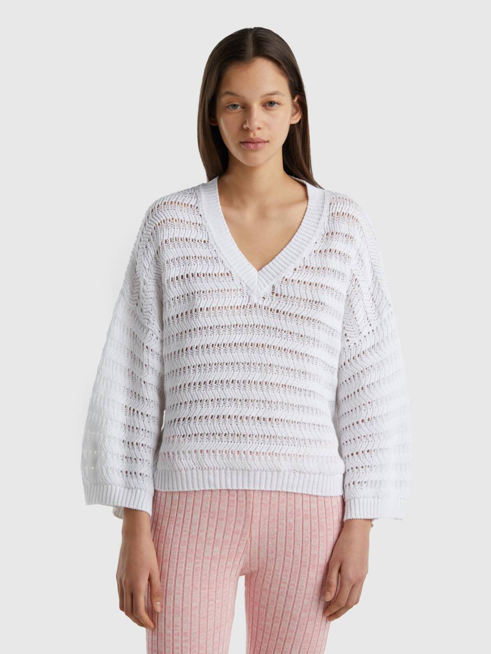 Benetton v-neck sweater in recycled cotton blend. 1