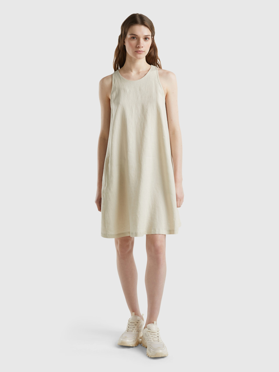 Benetton, Sleeveless Dress In Pure Linen, Beige, Women