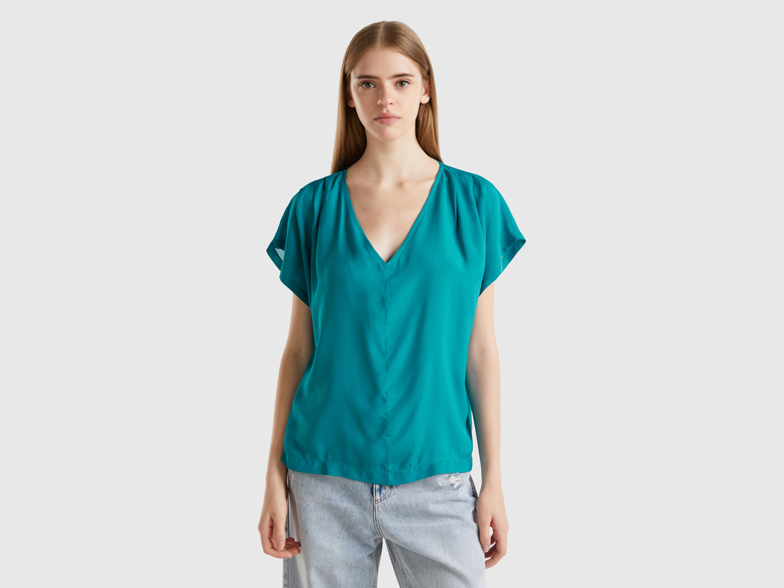 Benetton, Blusa Fluida A Manica Corta, Verde Ottanio, Donna