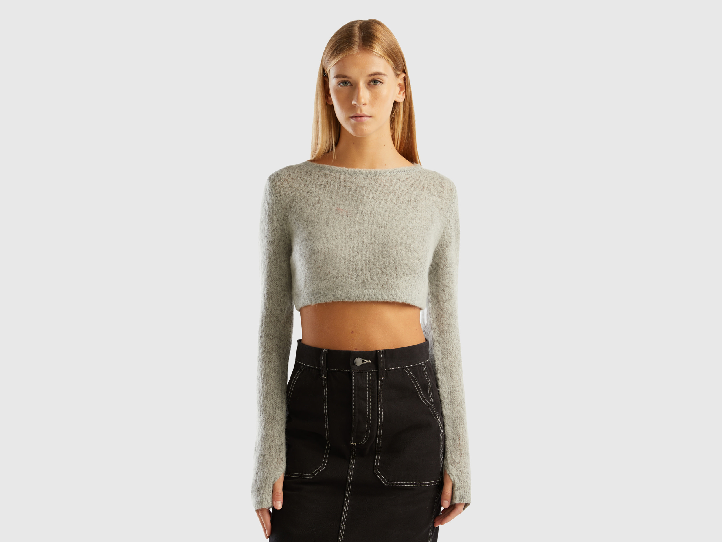 Benetton, Cropped Sweater In Mohair Blend, size L-XL, Light Gray, Women