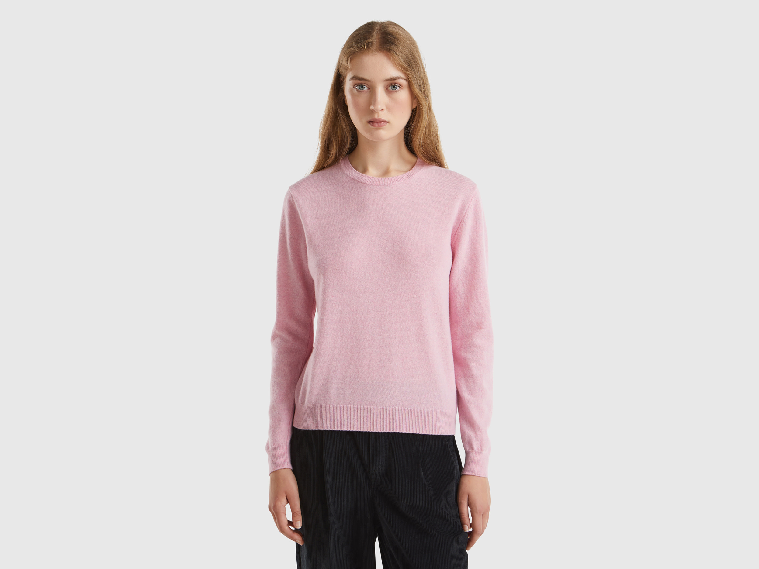 Benetton, Maglia Girocollo Rosa Mélange In Pura Lana Merino, Rosa, Donna