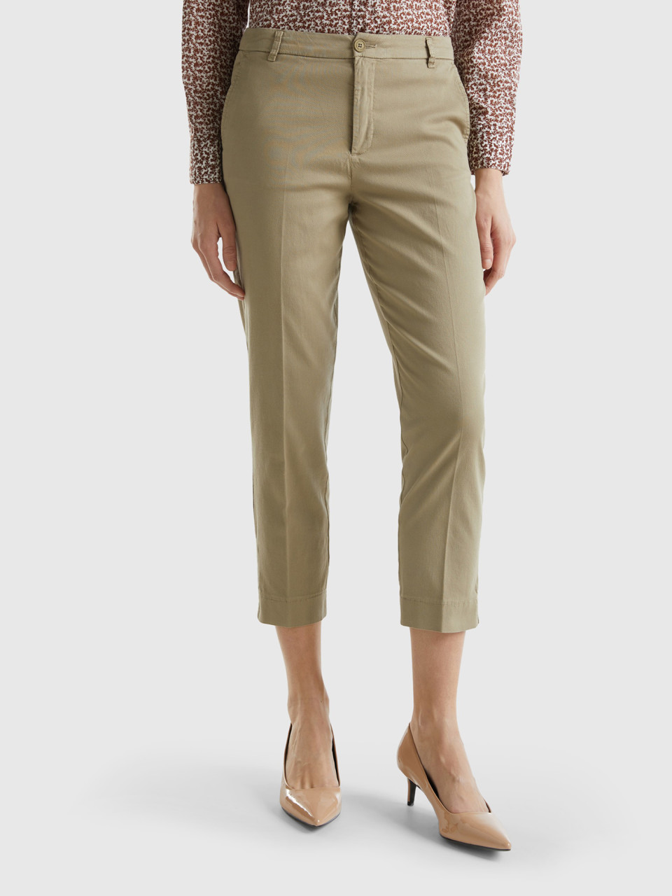 Benetton, Cropped Chinos In Stretch Cotton, Light Green, Women