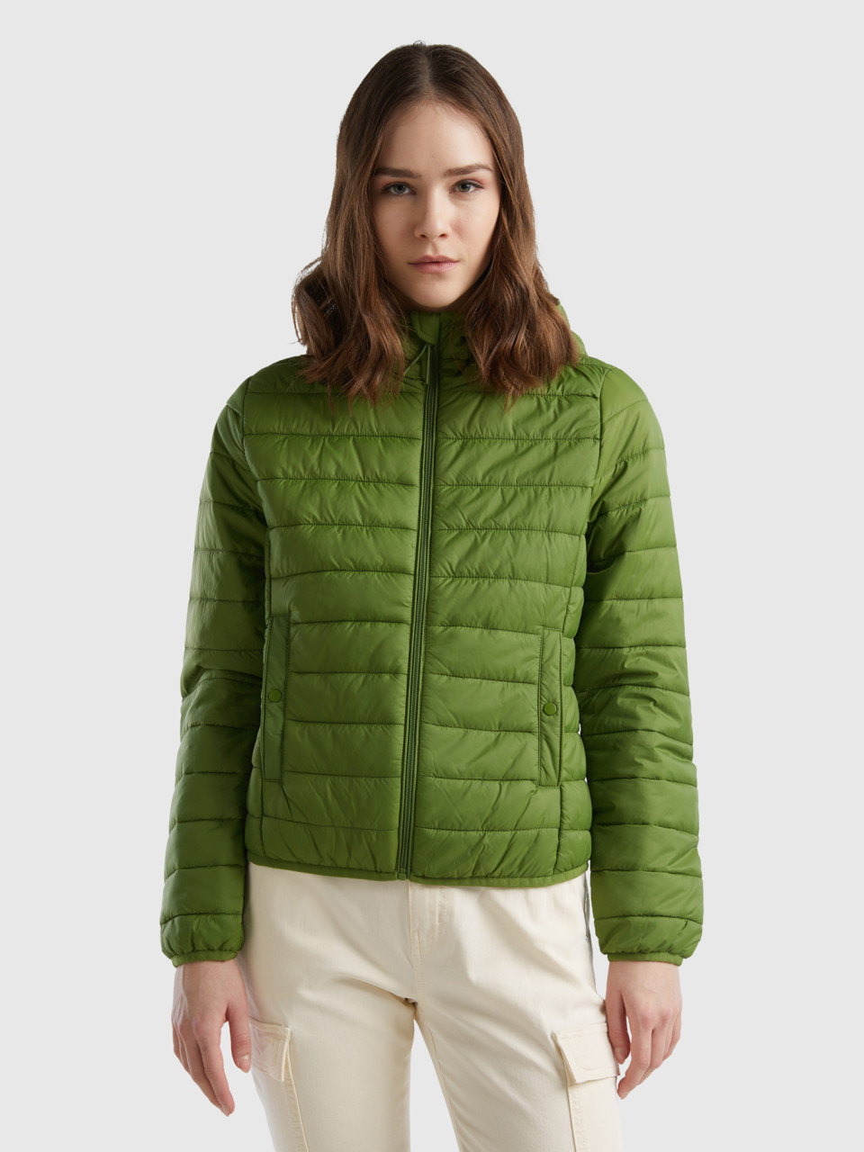 Benetton, Puffer Jacket With Recycled Wadding, Military Green, Women