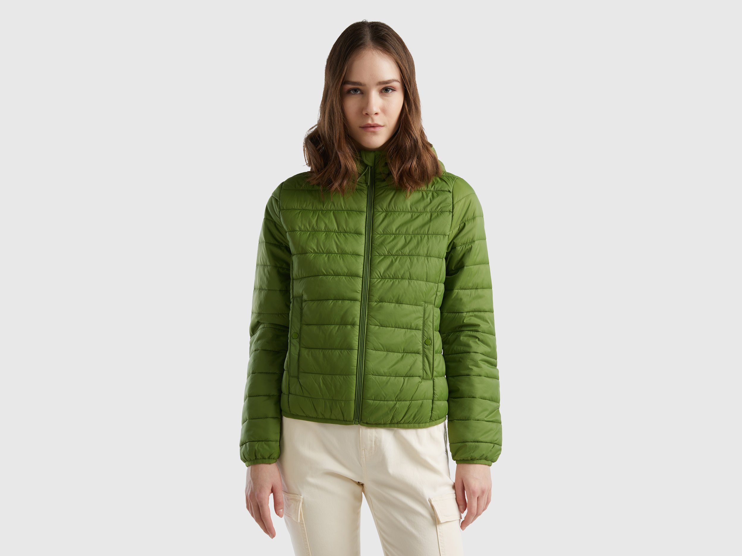 Image of Benetton, Puffer Jacket With Recycled Wadding, size M, Military Green, Women