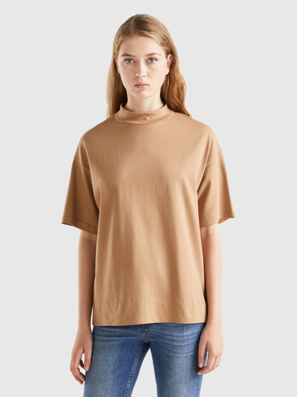 Benetton, T-shirt With Standing Neck, Camel, Women
