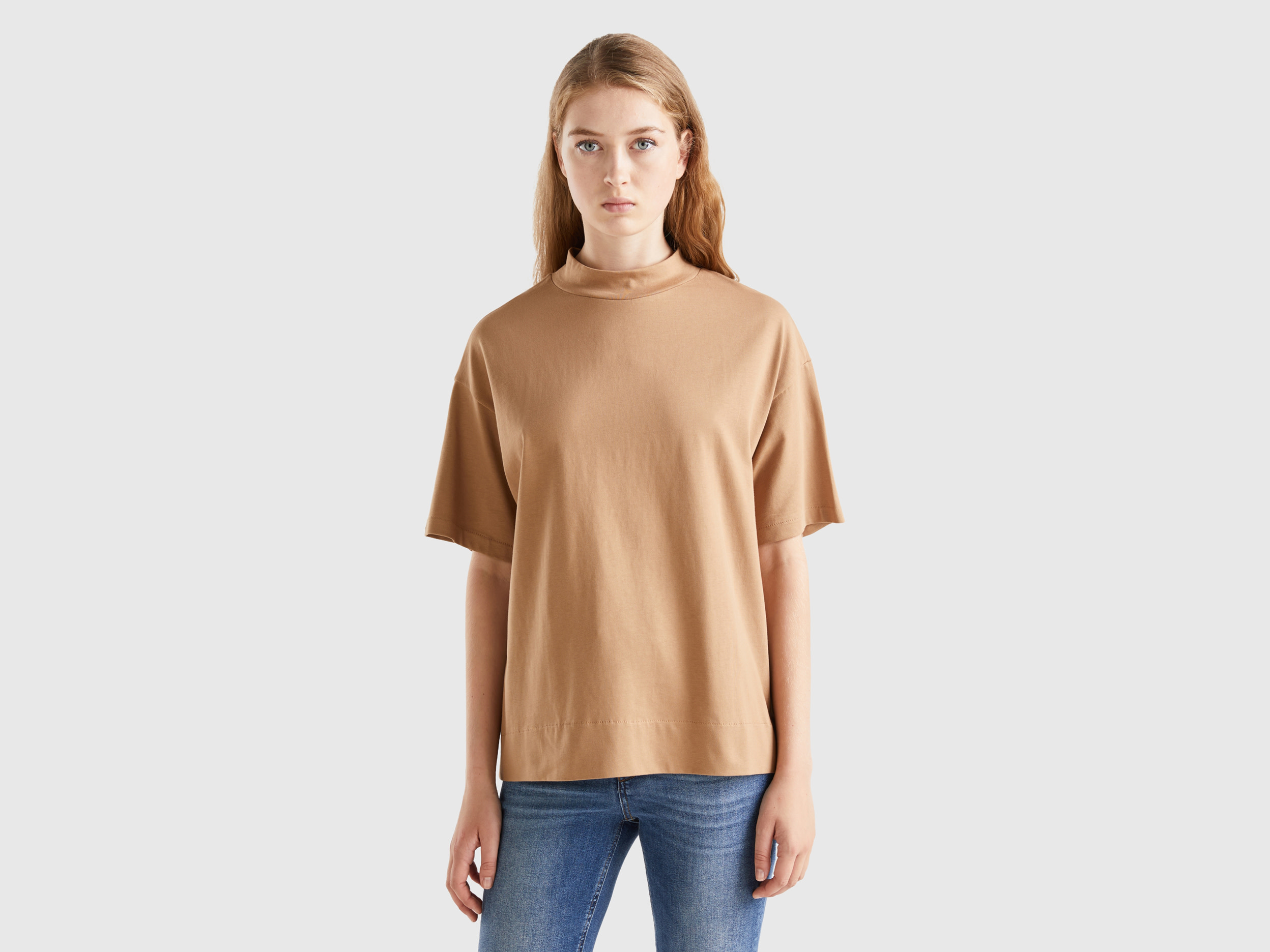 Benetton, T-shirt With Standing Neck, size M, Camel, Women