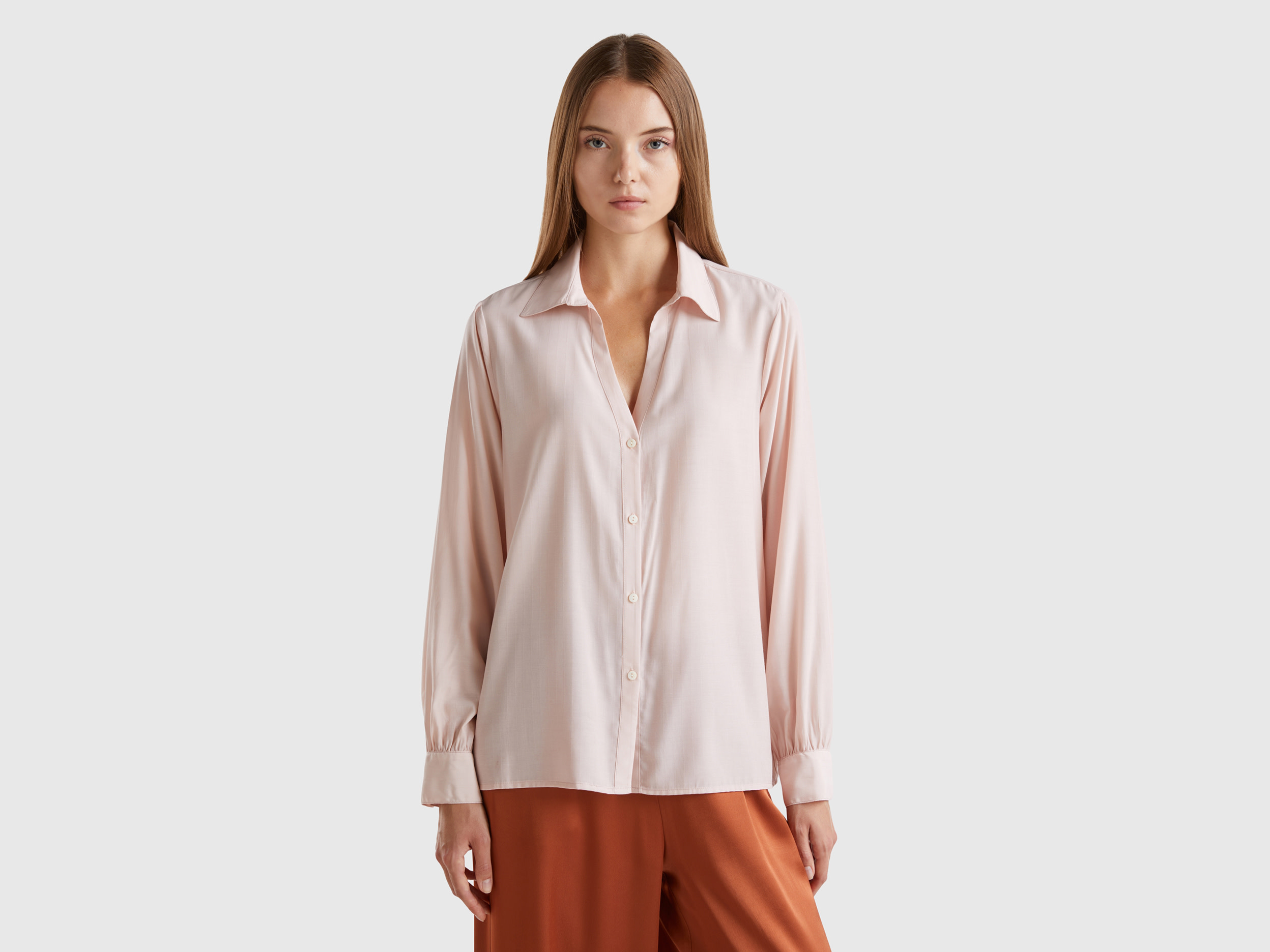 Benetton, Camicia Con Scollo A V, Rosa Tenue, Donna